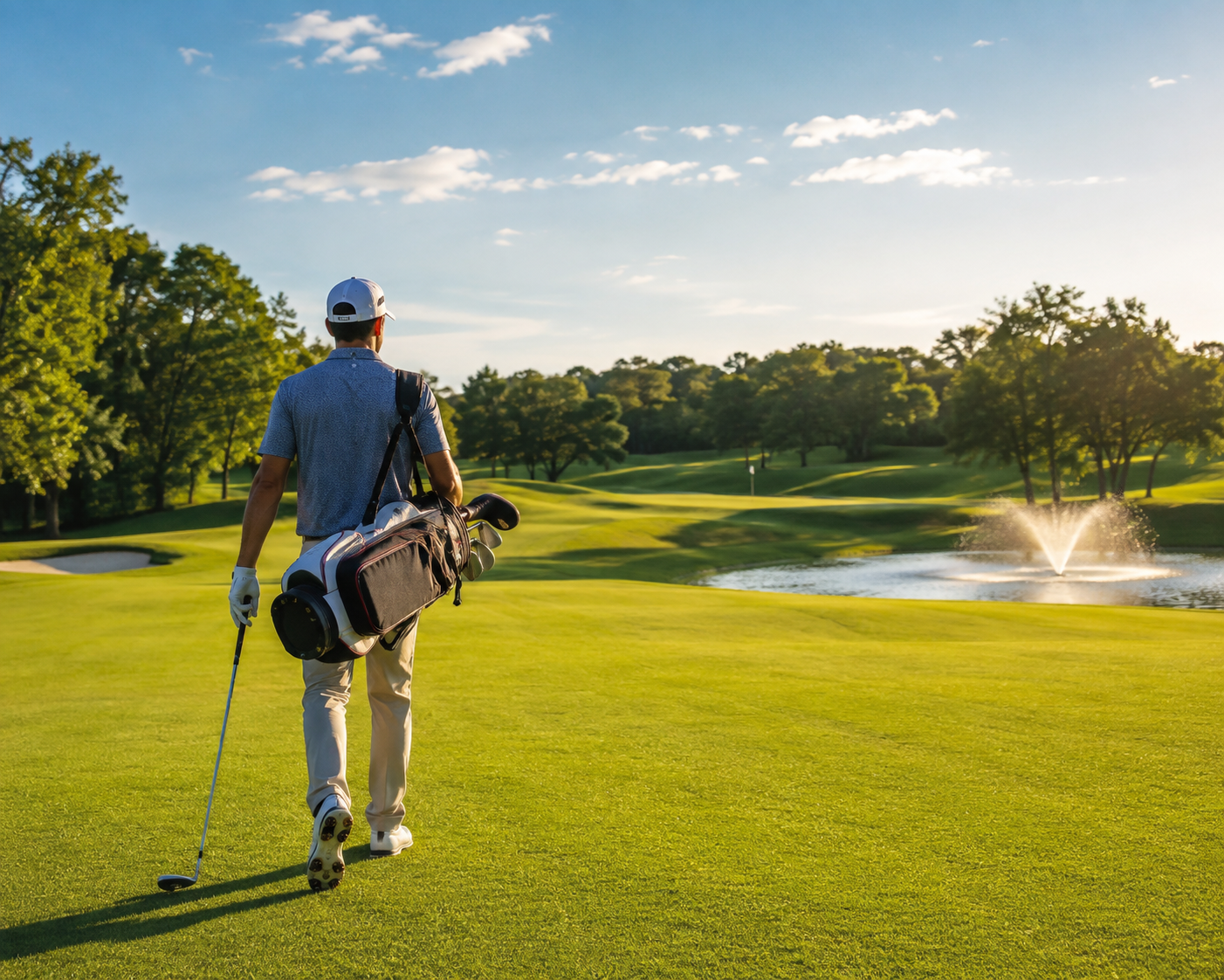 A golfer walking on a sunny golf course